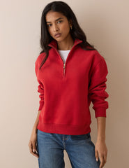 Kırmızı Quarter Fermuarlı Dik Yaka Sweatshirt