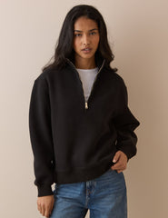 Siyah Quarter Fermuarlı Dik Yaka Sweatshirt