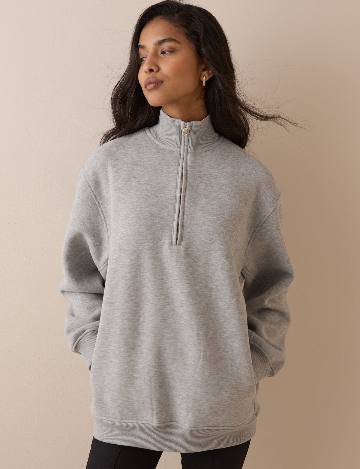 Gri Kırçıllı Quarter Fermuarlı Uzun Kesim Sweatshirt