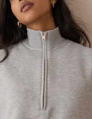 Gri Kırçıllı Quarter Fermuarlı Uzun Kesim Sweatshirt