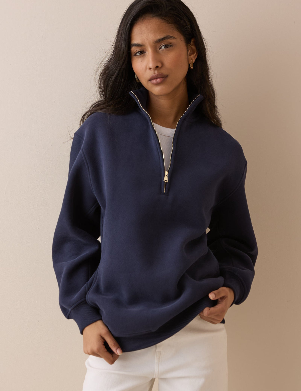 Lacivert Quarter Fermuarlı Uzun Kesim Sweatshirt