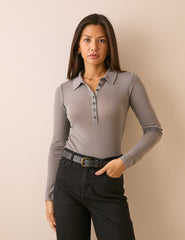 Taupe Gri Merinos Yün Polo Bluz
