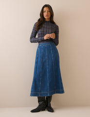 Orta Ton Yıkamalı Panelli Denim Midi Boy Etek