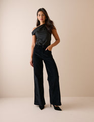 Siyah Kadife Yüksek Bel Soho Geniş Paça Jean Pantolon