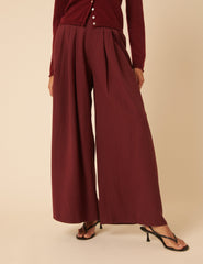 Bordo Pileli Geniş Paça Pantolon