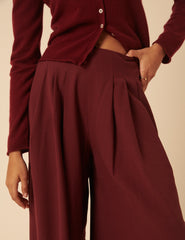 Bordo Pileli Geniş Paça Pantolon