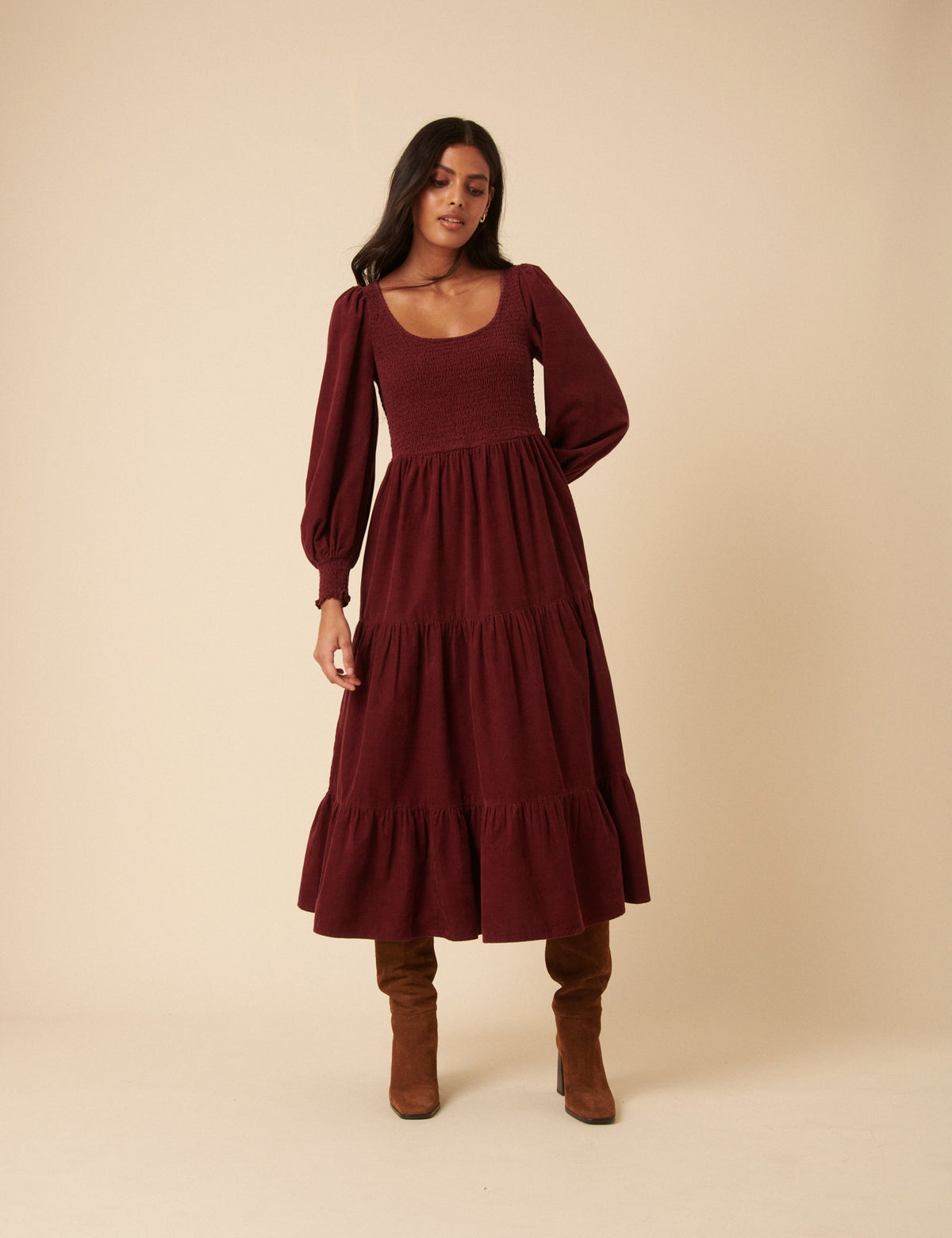 Bordo Fitilli Kadife Kat Kat Ruby Midi Boy Elbise