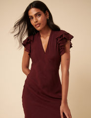 Bordo Fırfır Kollu Layla Midi Boy Elbise