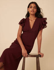 Bordo Fırfır Kollu Layla Midi Boy Elbise