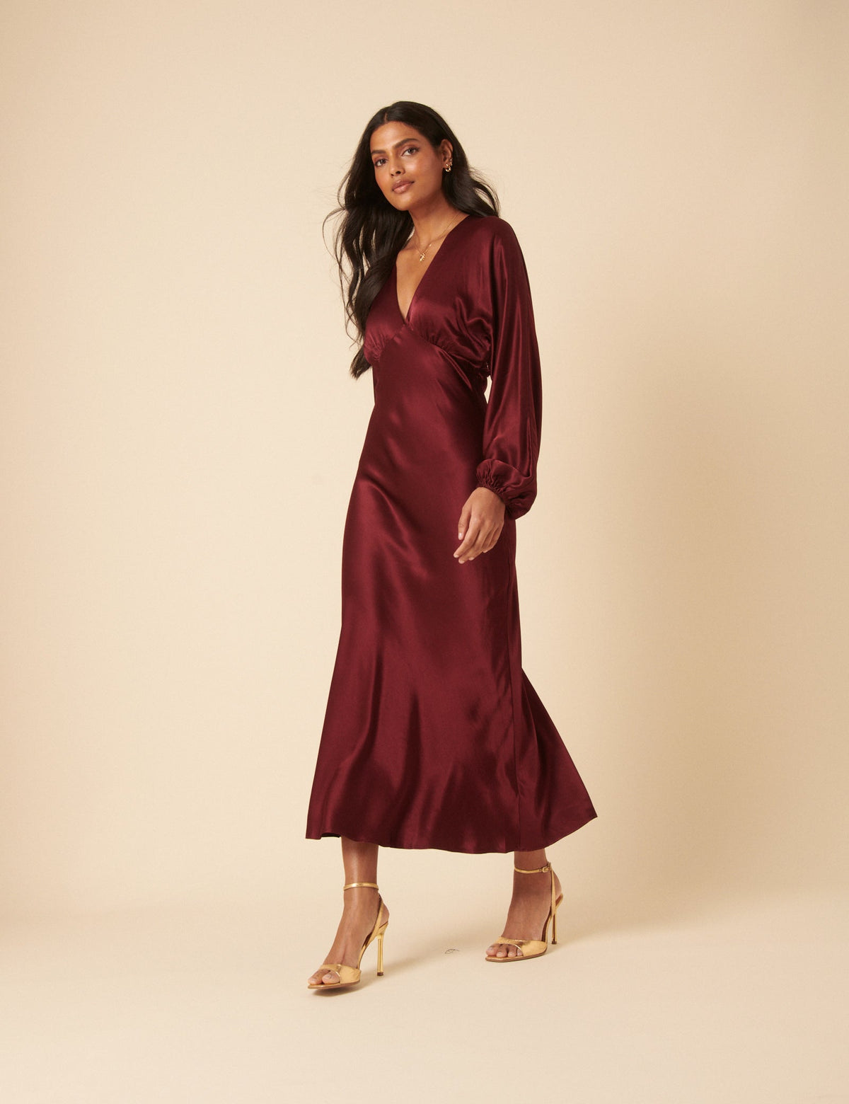 Bordo Saten Allura Midi Boy Elbise