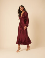 Bordo Saten Allura Midi Boy Elbise