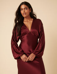 Bordo Saten Allura Midi Boy Elbise
