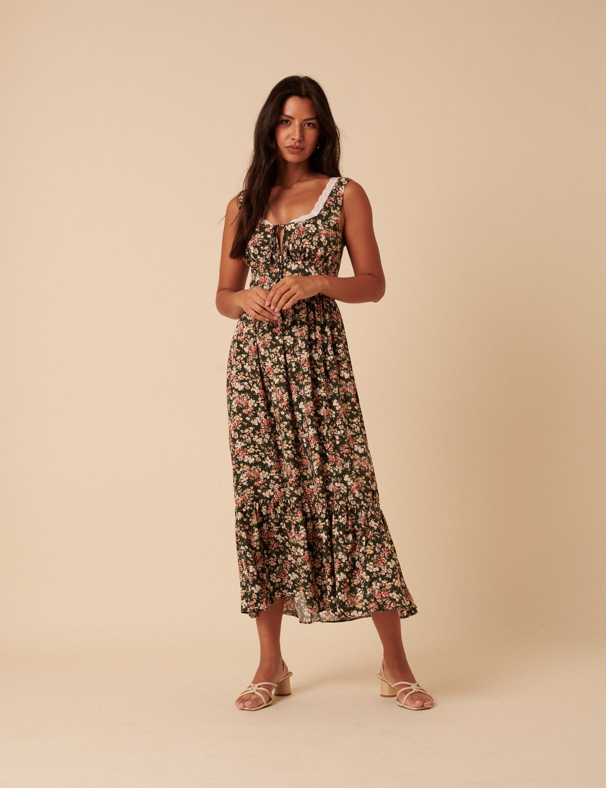 Yeşil ve Pembe Çiçek Desenli Heather Midi Boy Elbise