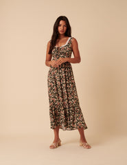 Yeşil ve Pembe Çiçek Desenli Heather Midi Boy Elbise