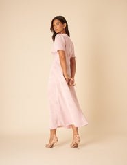 Yumuşak Pembe Çiçek Desenli Jakarlı Bridesmaids Erin Midi Boy Elbise
