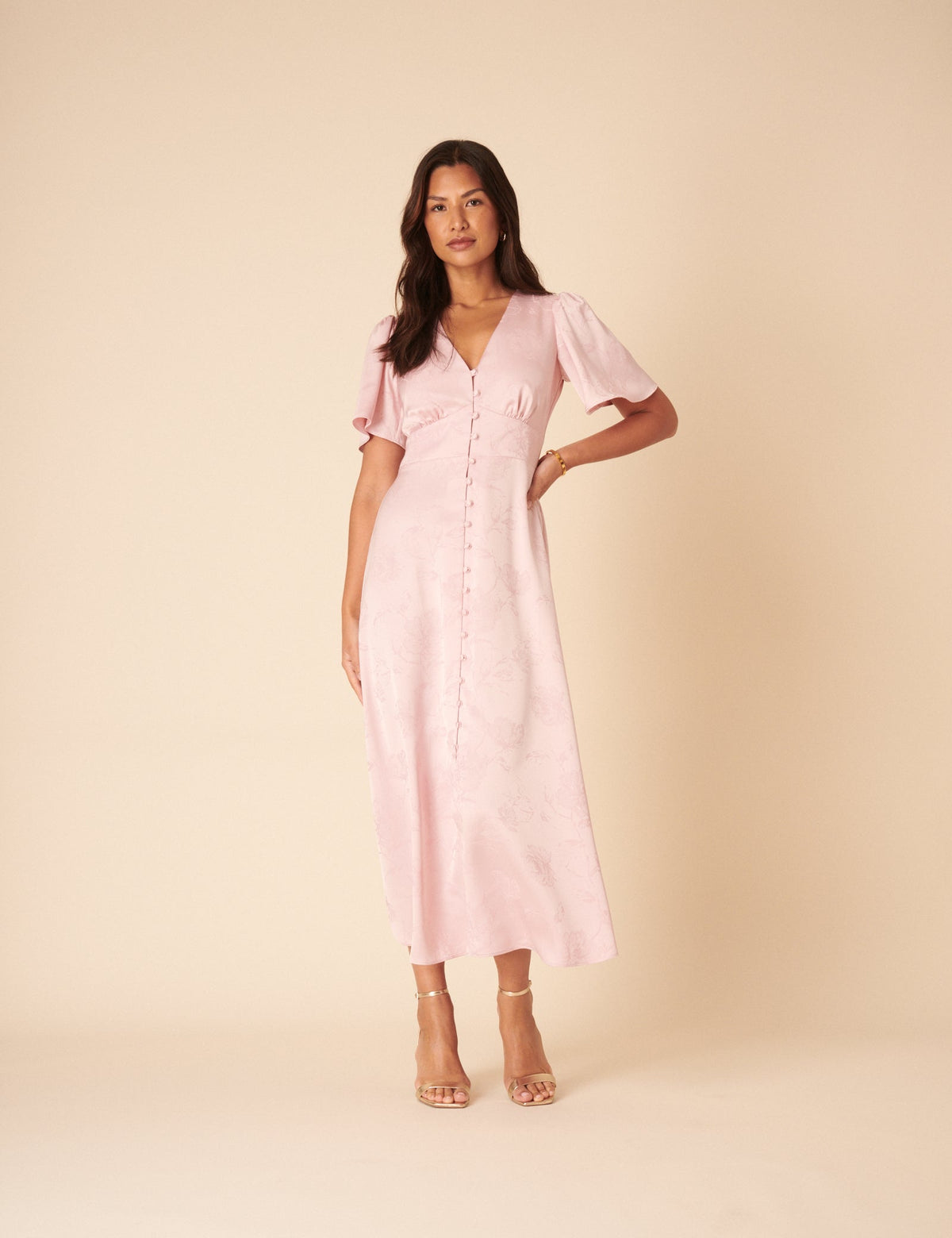 Yumuşak Pembe Çiçek Desenli Jakarlı Bridesmaids Erin Midi Boy Elbise