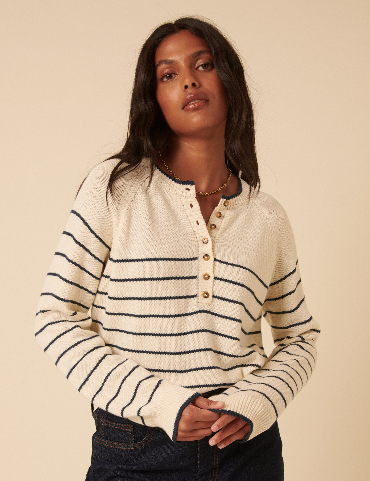 Krem Örgü Çizgili Henley Kazak