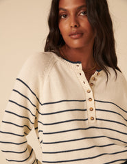 Krem Örgü Çizgili Henley Kazak