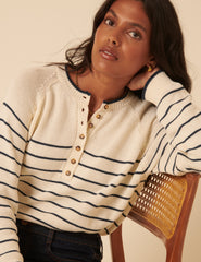 Krem Örgü Çizgili Henley Kazak