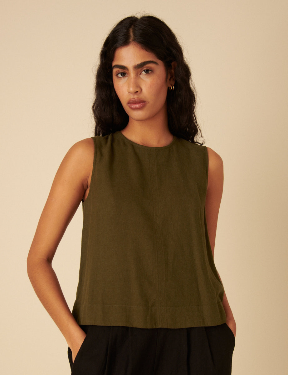 Haki Keten Ağırlıklı Dökümlü Bluz
