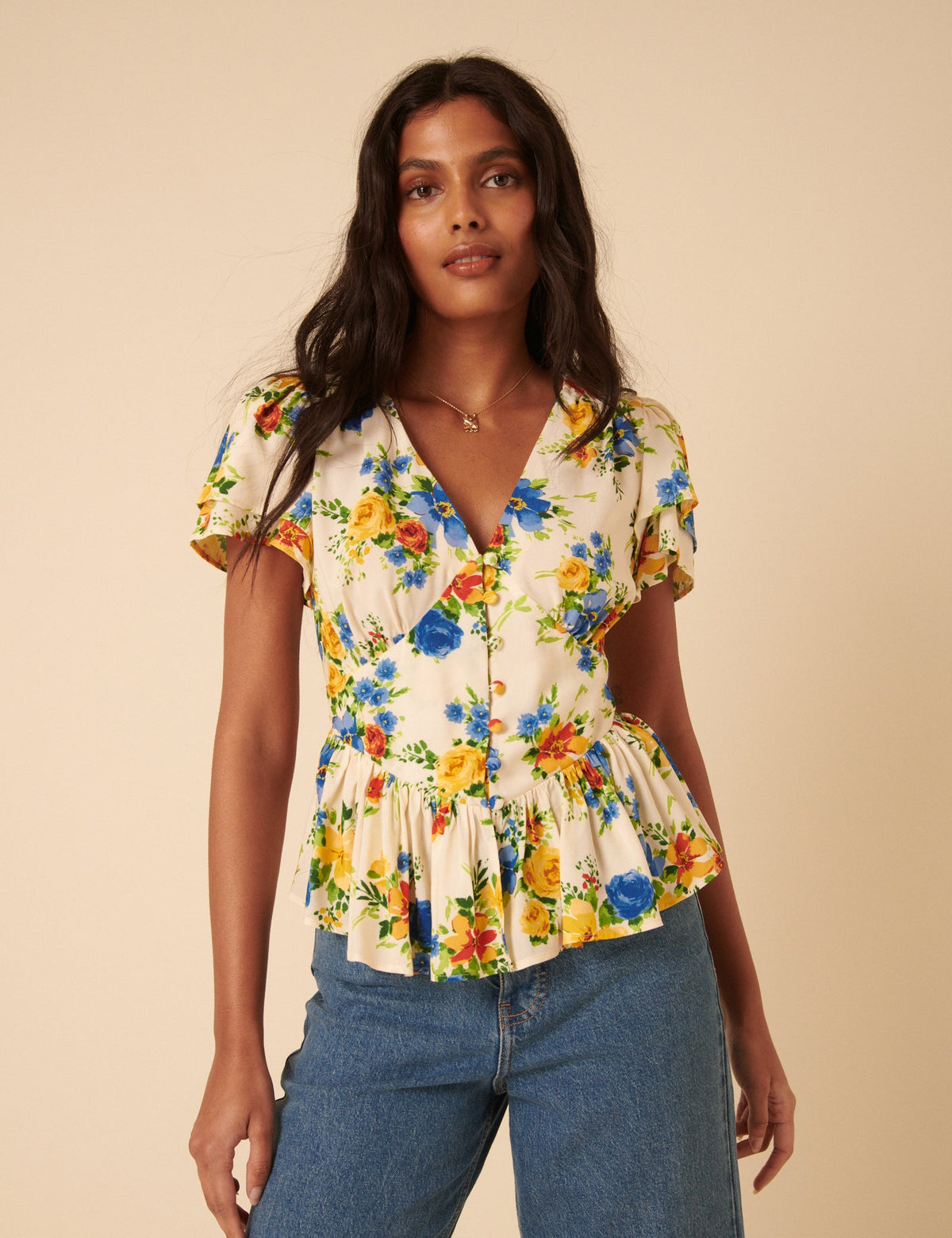 Beyaz Çiçek Desenli Peplum Bluz