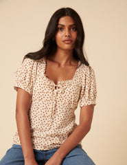 Krem Minik Çiçek Desenli Balon Kollu Bluz