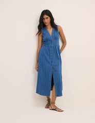 Mavi Denim Kolsuz İnce Çizgili Starlight Midi Boy Elbise