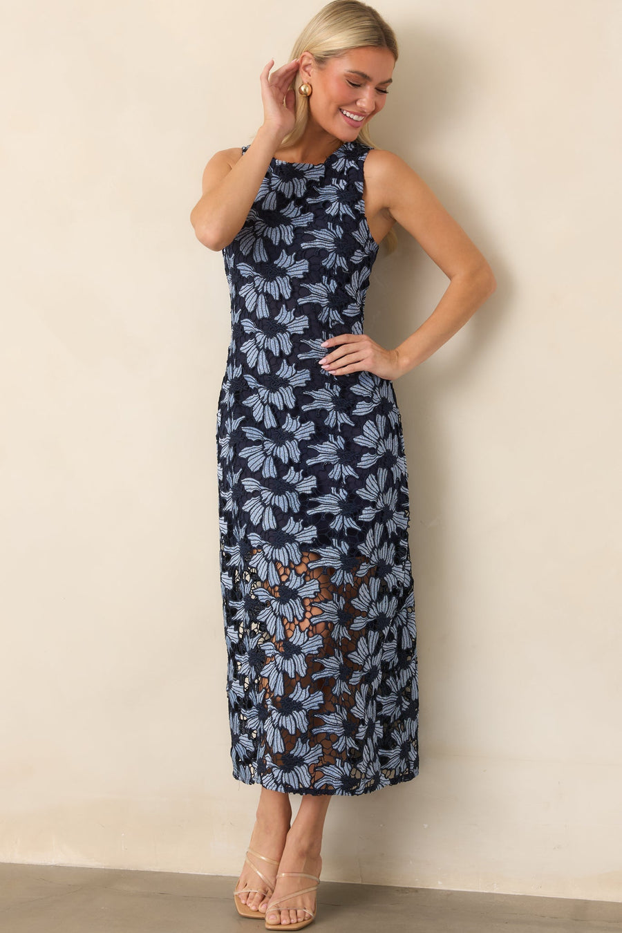 Lacivert Açık Mavi Çiçek Dantelli Midi Elbise