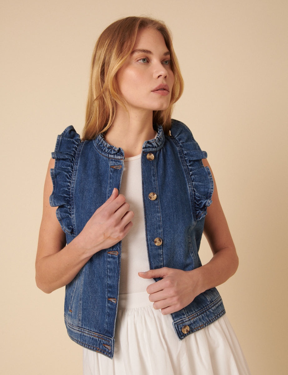 Mavi Denim Fırfırlı Yelek