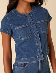 Orta Yıkamalı Denim Boydan Düğmeli Bluz