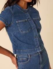 Orta Yıkamalı Denim Boydan Düğmeli Bluz