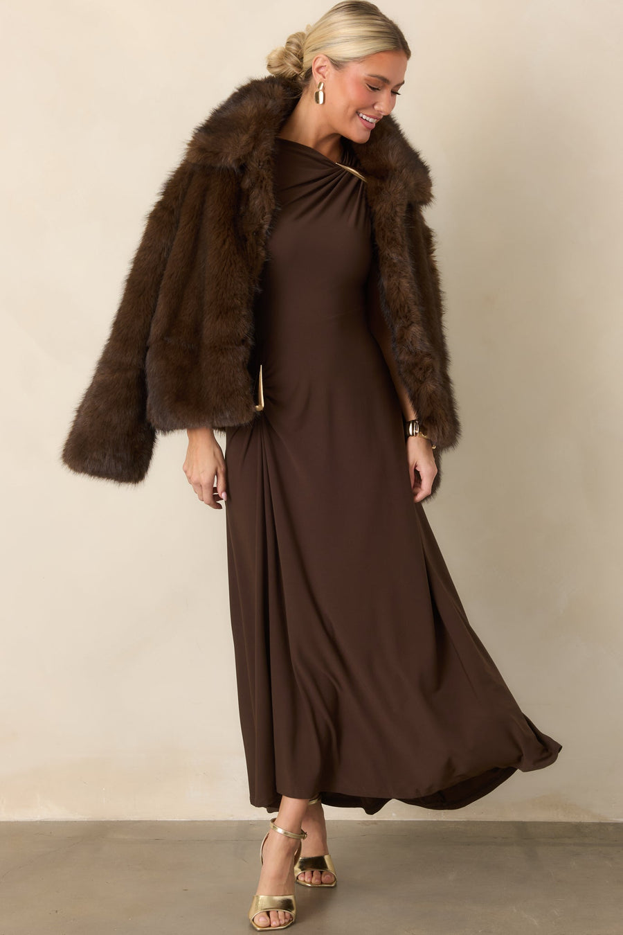 Çikolata Kahve Drape Detaylı Maksi Elbise