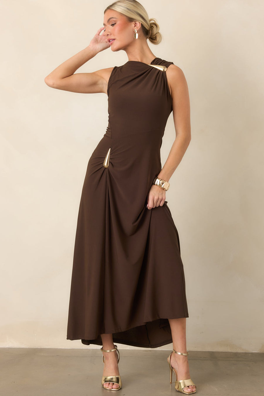Çikolata Kahve Drape Detaylı Maksi Elbise