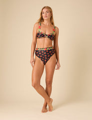 Siyah Çiçek Desenli Düğümlü Ön Bikini Bluz