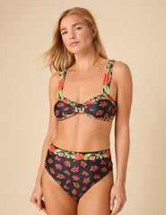Siyah Çiçek Desenli Düğümlü Ön Bikini Bluz