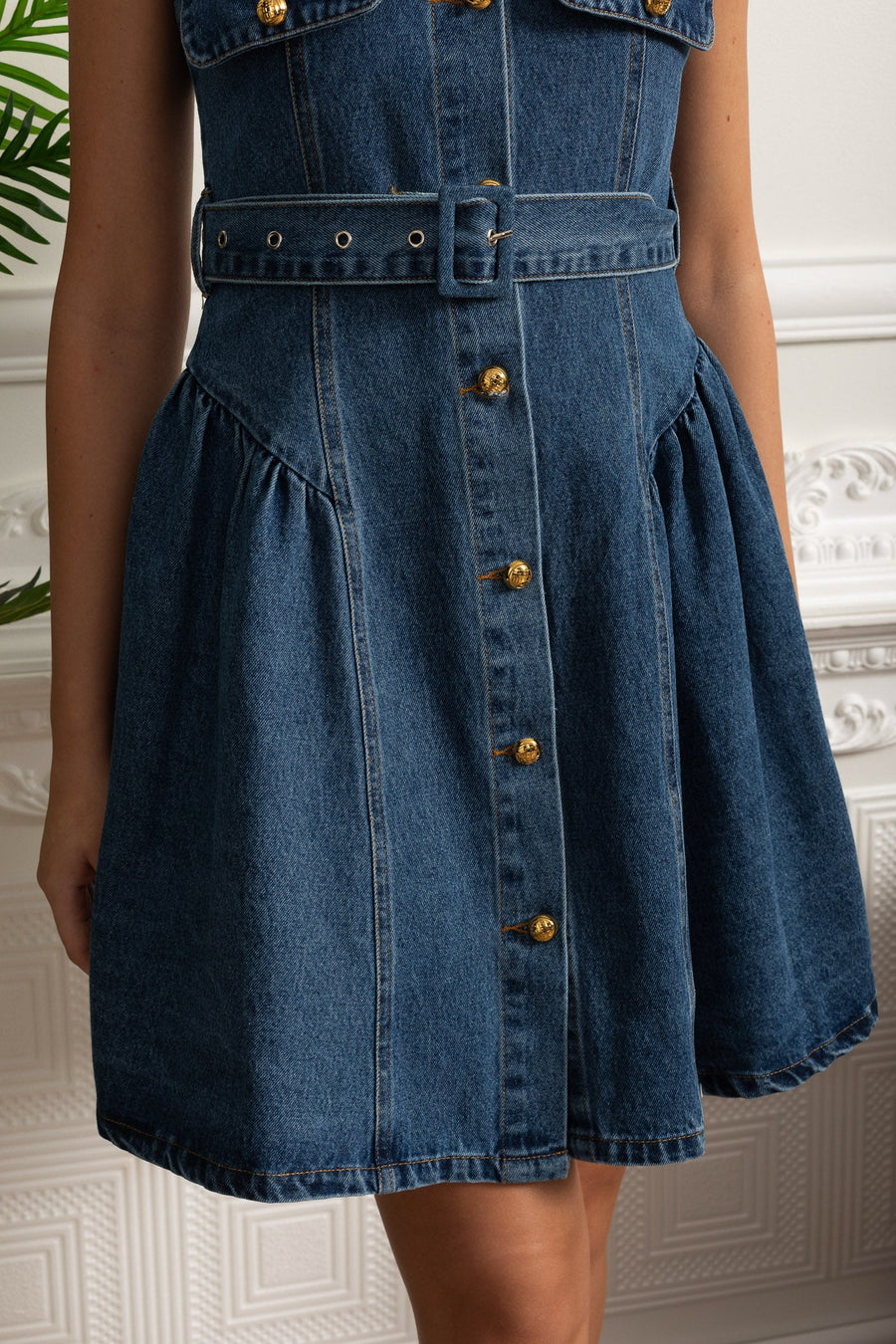 Kemerli Denim Önden Düğmeli Mini Elbise - Mavi