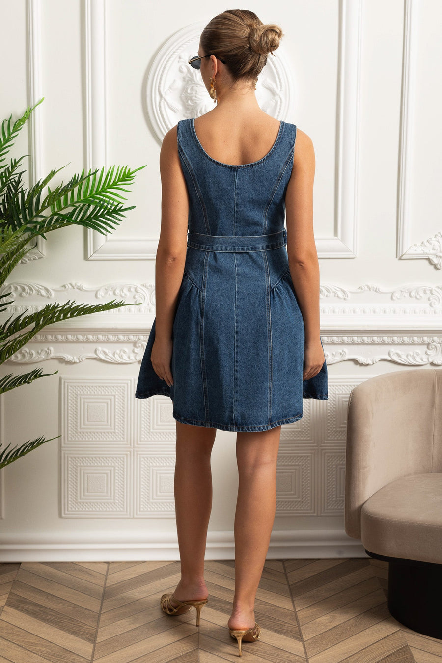 Kemerli Denim Önden Düğmeli Mini Elbise - Mavi