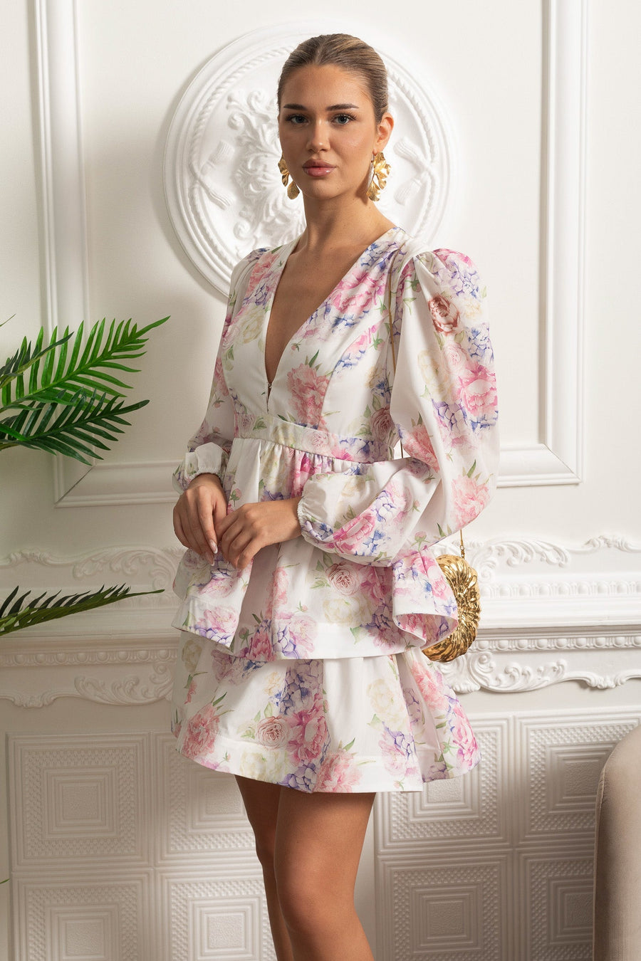 Hacimli Kollar ve Peplum Detay Çiçekli Romantik Mini Elbise - Beyaz/Pembe