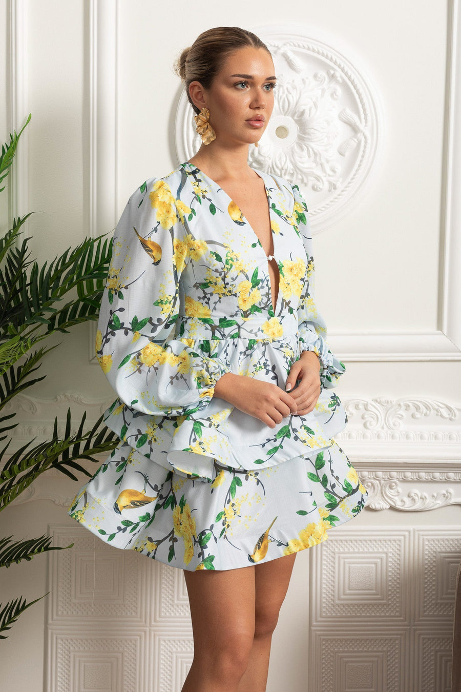 Hacimli Kollar ve Peplum Detay Çiçekli Romantik Mini Elbise - Gök Mavisi