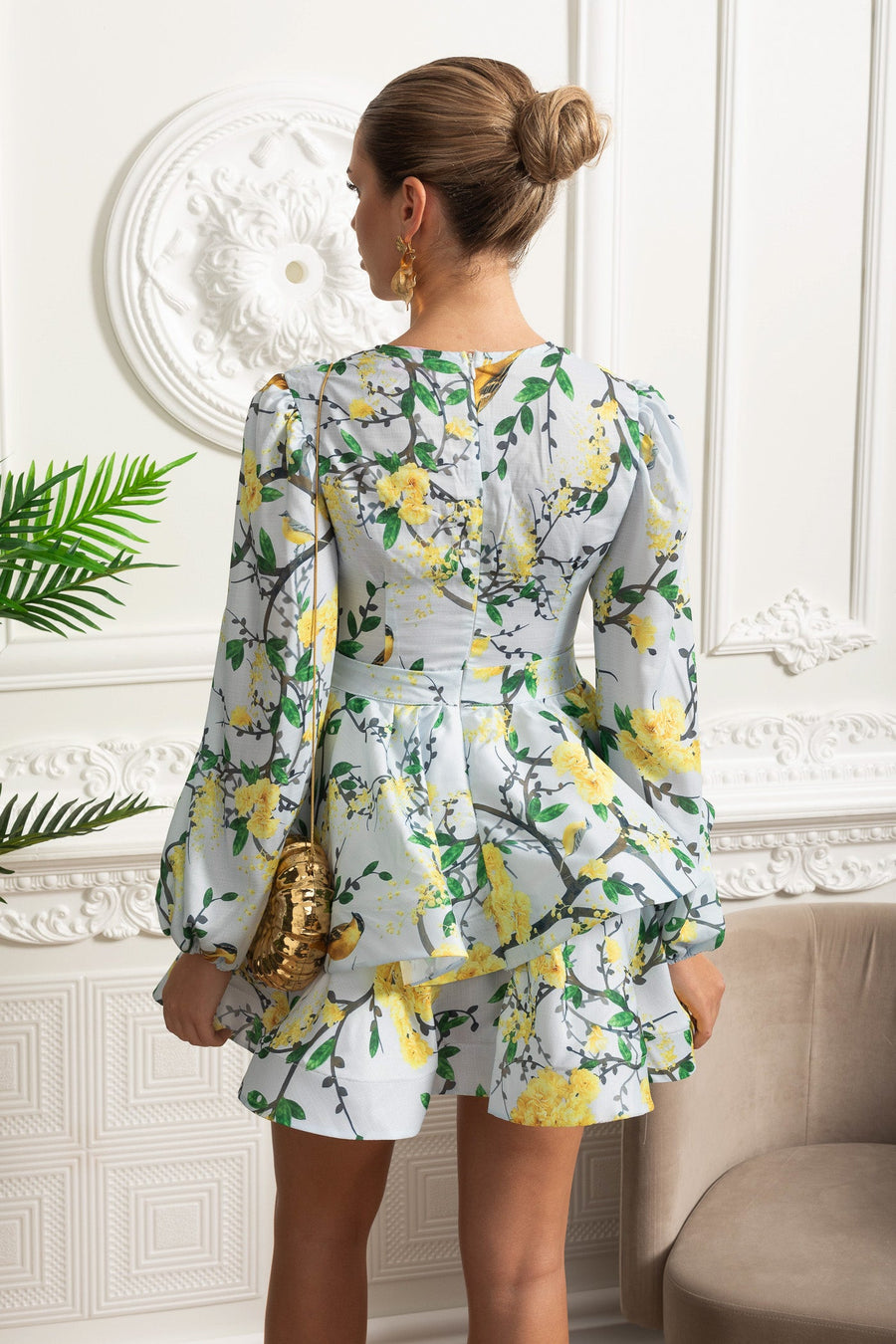 Hacimli Kollar ve Peplum Detay Çiçekli Romantik Mini Elbise - Gök Mavisi