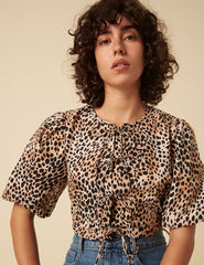 Leopar Desenli Önden Bağlamalı Bluz