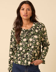 Siyah Çiçek Desenli Fırfırlı Yakalı Bluz