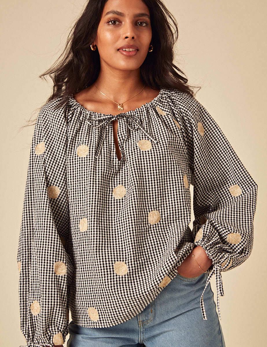 Siyah Pötikareli Shell İşlemeli Poet Bluz