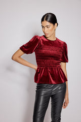 Kırmızı Kadife Balon Kollu Peplum Bluz