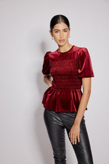 Kırmızı Kadife Balon Kollu Peplum Bluz