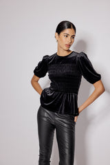 Siyah Kadife Balon Kollu Peplum Bluz