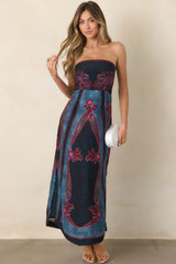 Lacivert Bordo Desenli Straplez Midi Elbise