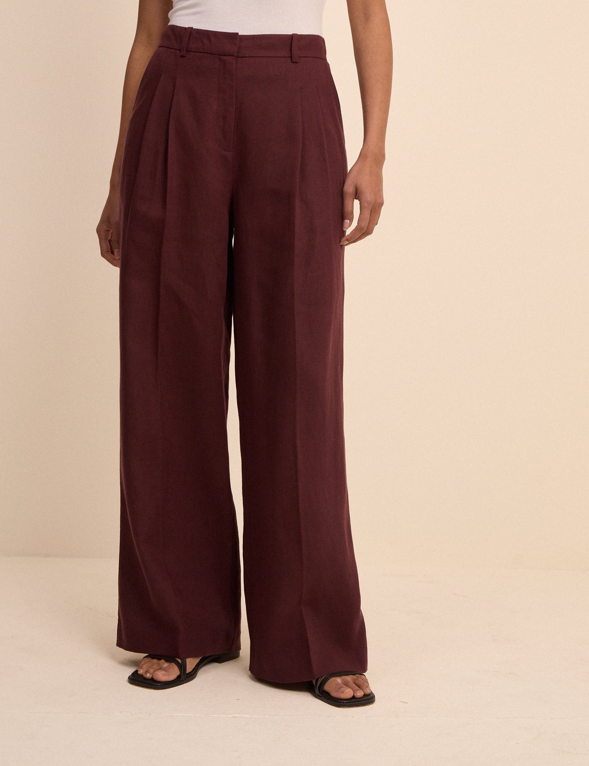 Bordo Keten Karışımlı Jax Geniş Paça Pantolon