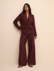 Bordo Keten Karışımlı Jax Geniş Paça Pantolon