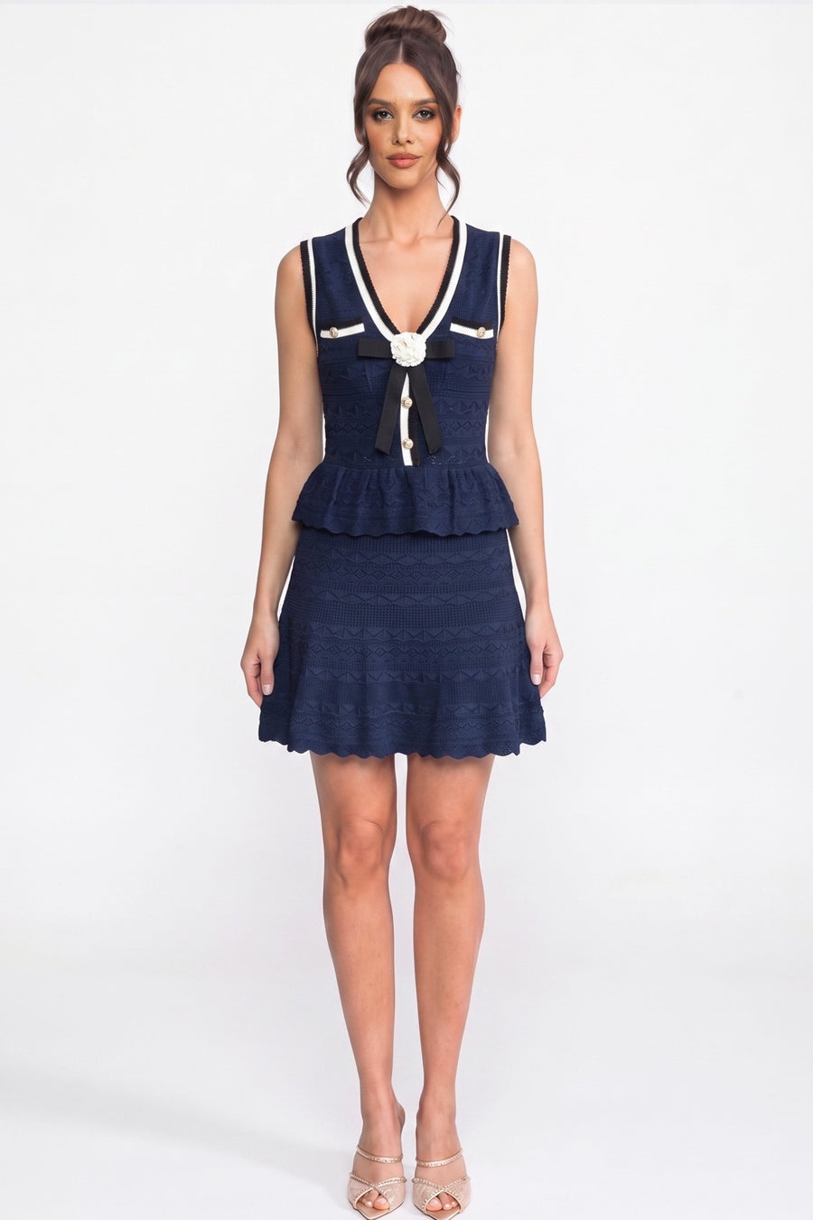 Kontrast Şerit ve Fiyonk Detaylı Peplum Triko Mini Elbise - Lacivert